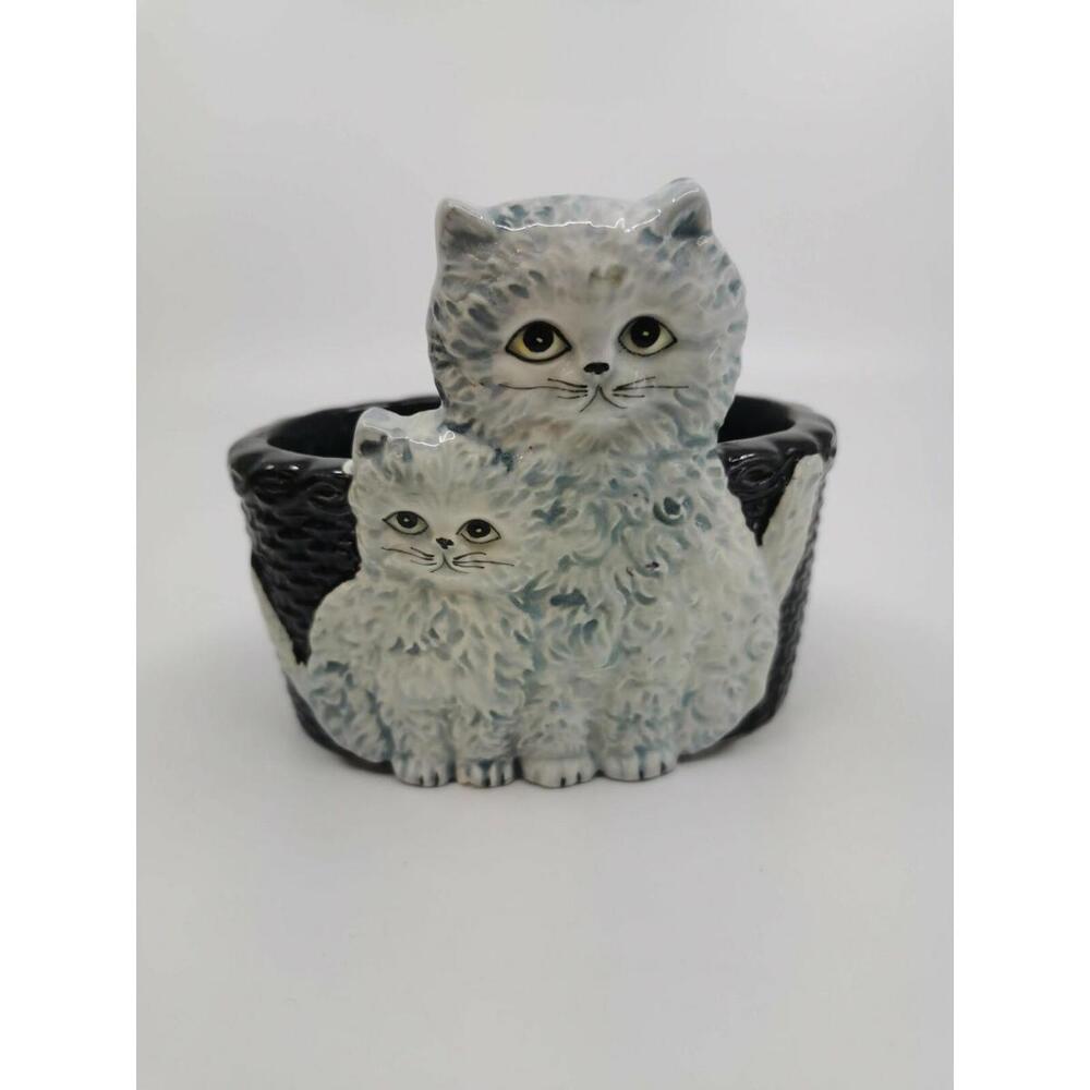 Kitten Cat Kitty Planter Japan White Kitten Black & White Basket Blue Amram's